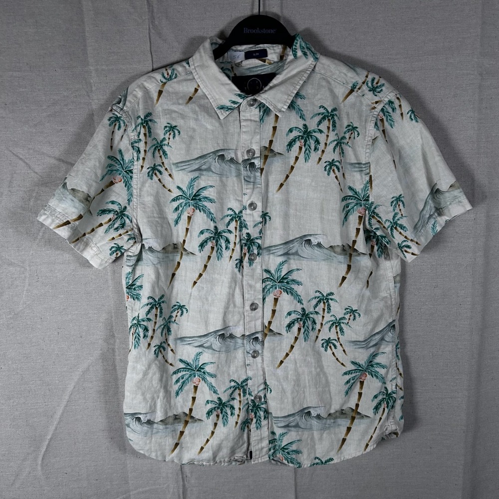 Even Tide Mens‎ Slim Fit Linen Blend Tropical Palm Tree Wave Button Down Shirt M